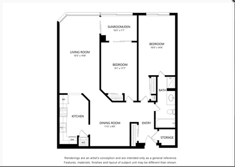 Floor plan for 2 beds, 1 bath, 770 sqft